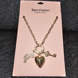 Juicy Couture Gold Tone Logo Heart and Key Charm Necklace With Rhinestones